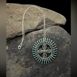 Zuni Native American Sterling Silver Needlepoint Turquoise Pin Pendant Necklace